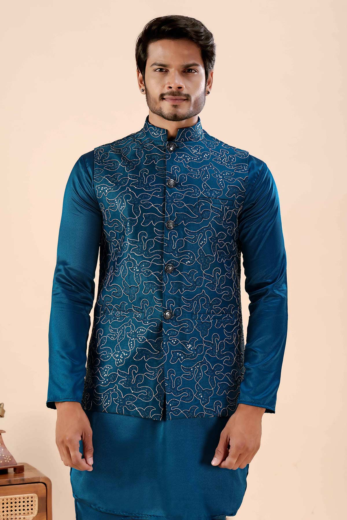 Buy Blue Cotton Embroidered Bundi for women by Priyanka Jain online available at scrollnshops