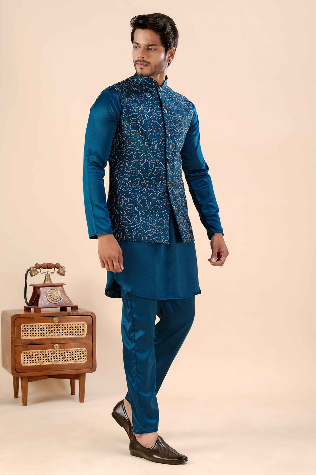 Blue Cotton Embroidered Bundi
