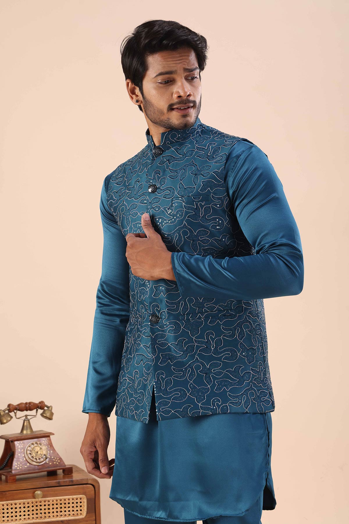 Blue Cotton Embroidered Bundi
