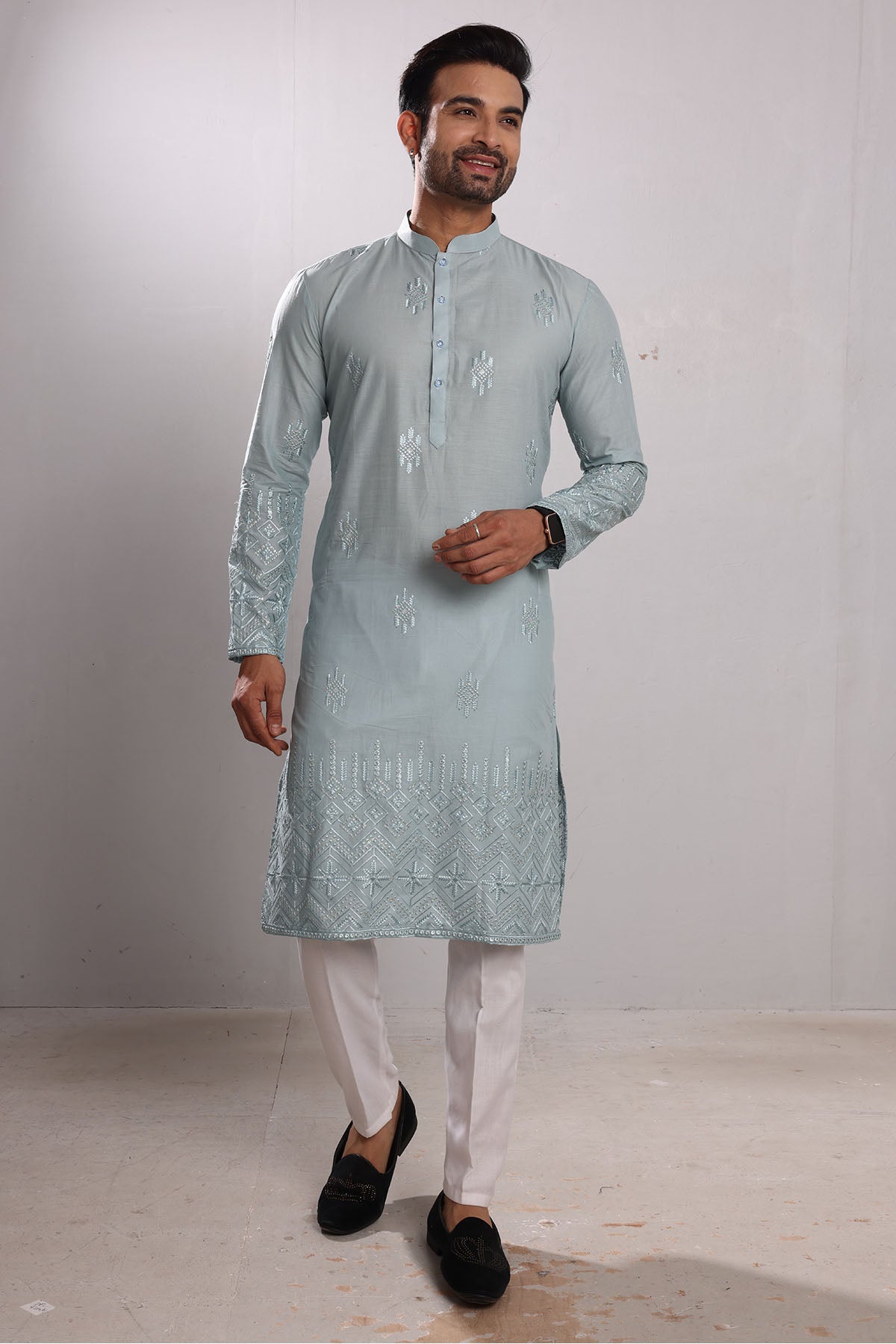 Blue Cotton Embroidered Kurta