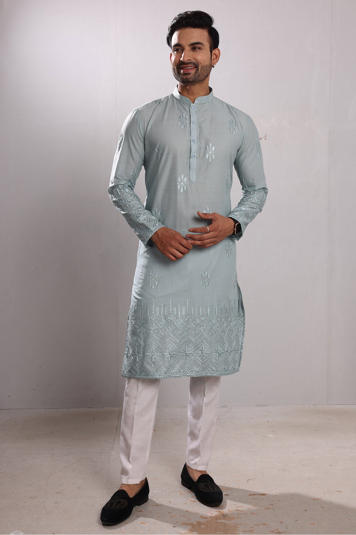 Blue Cotton Embroidered Kurta