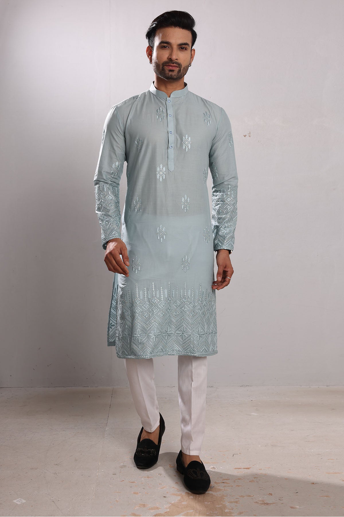 Blue Cotton Embroidered Kurta