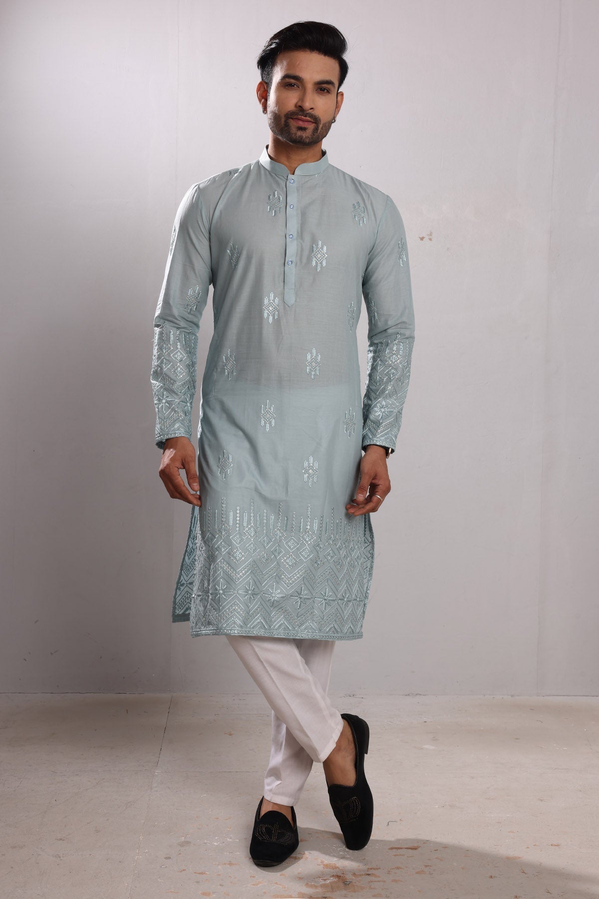 Buy Blue Cotton Embroidered Kurta by SNEHA B for men online at ScrollnShops