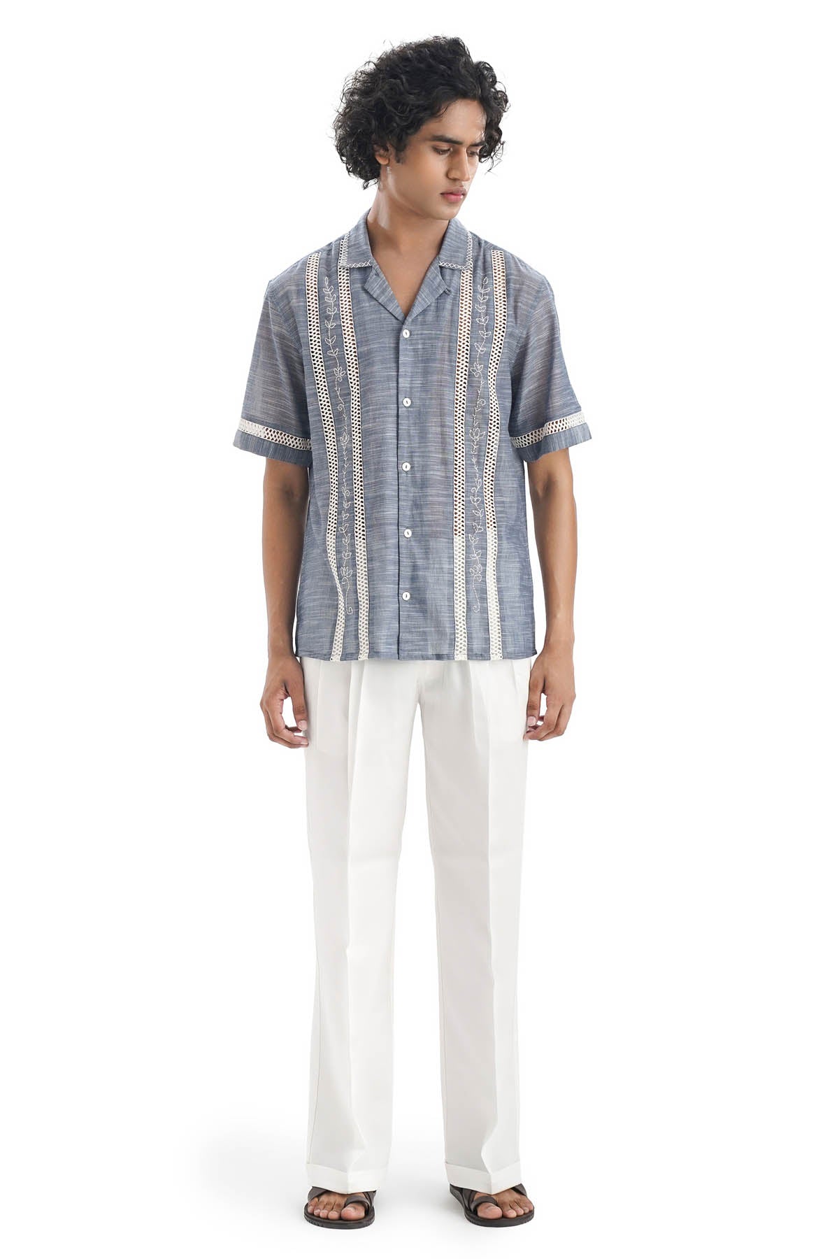 Blue Cotton Embroidered Shirt