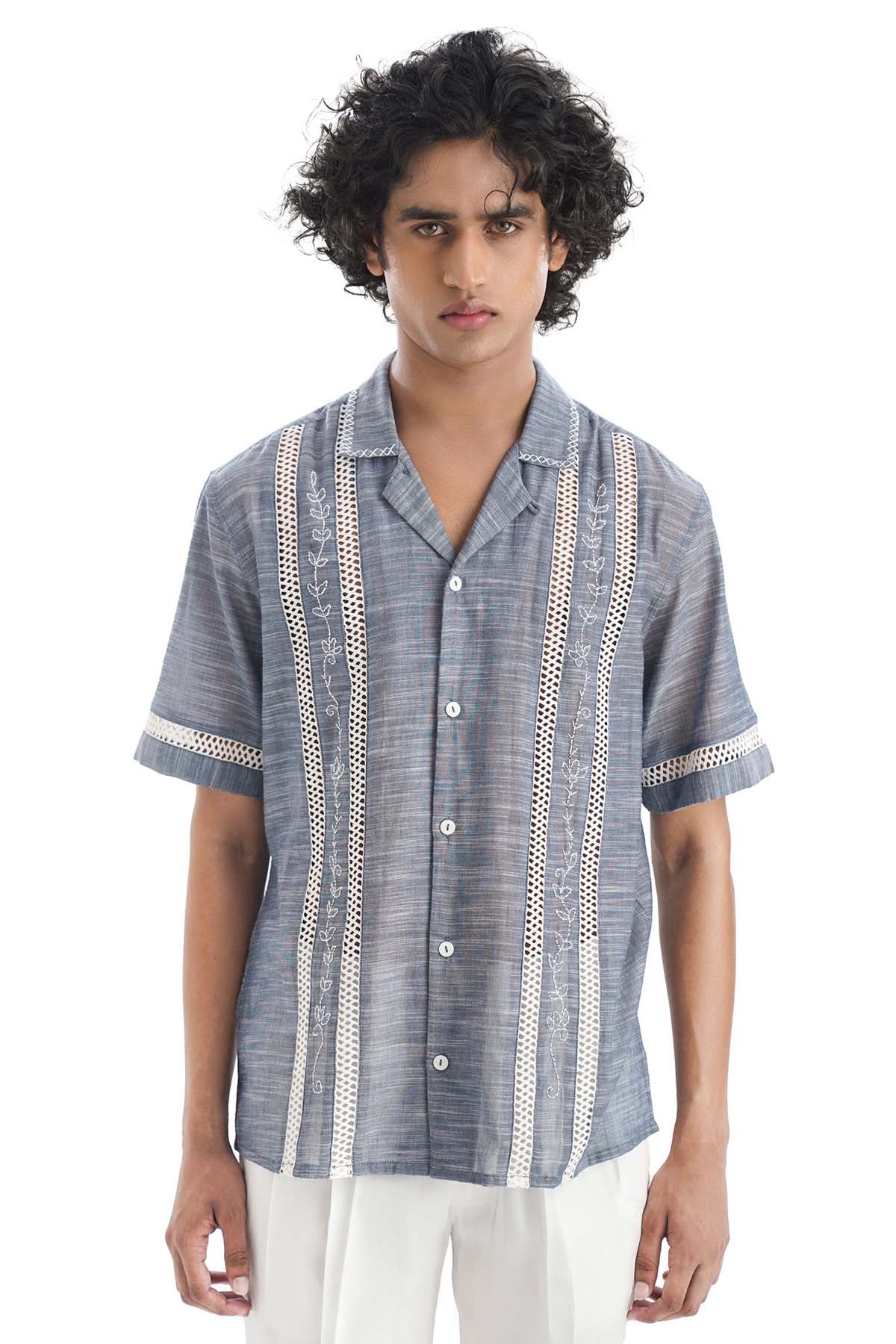 Notre Ame - Men Blue Cotton Embroidered Shirt for men online at ScrollnShops