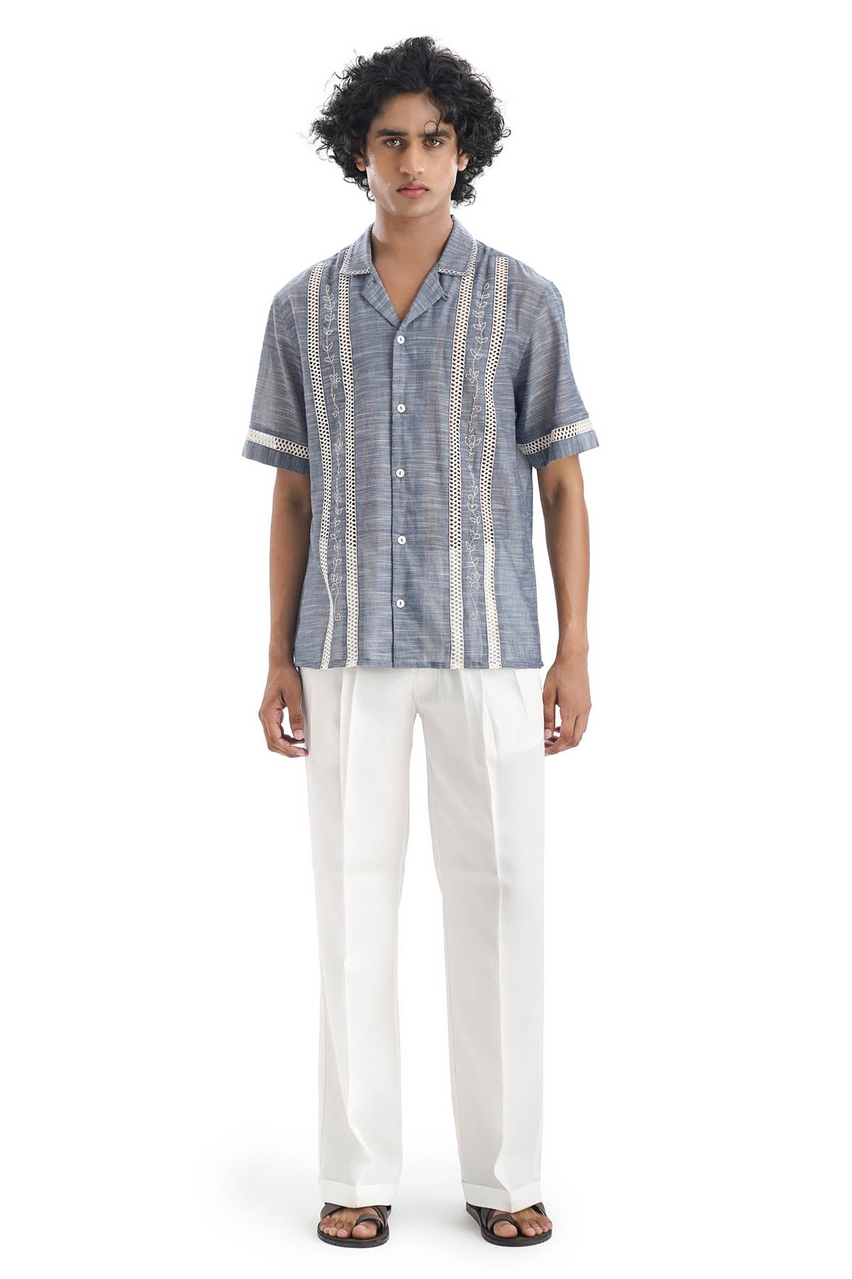 Blue Cotton Embroidered Shirt