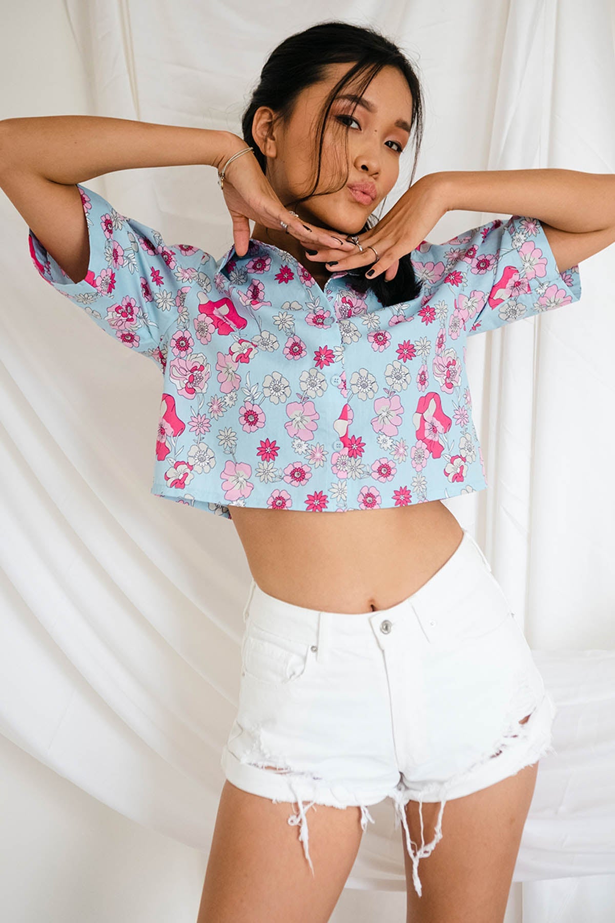 Bohobi Blue Cotton Floral Print Shirt For Women Online at ScrollnShops