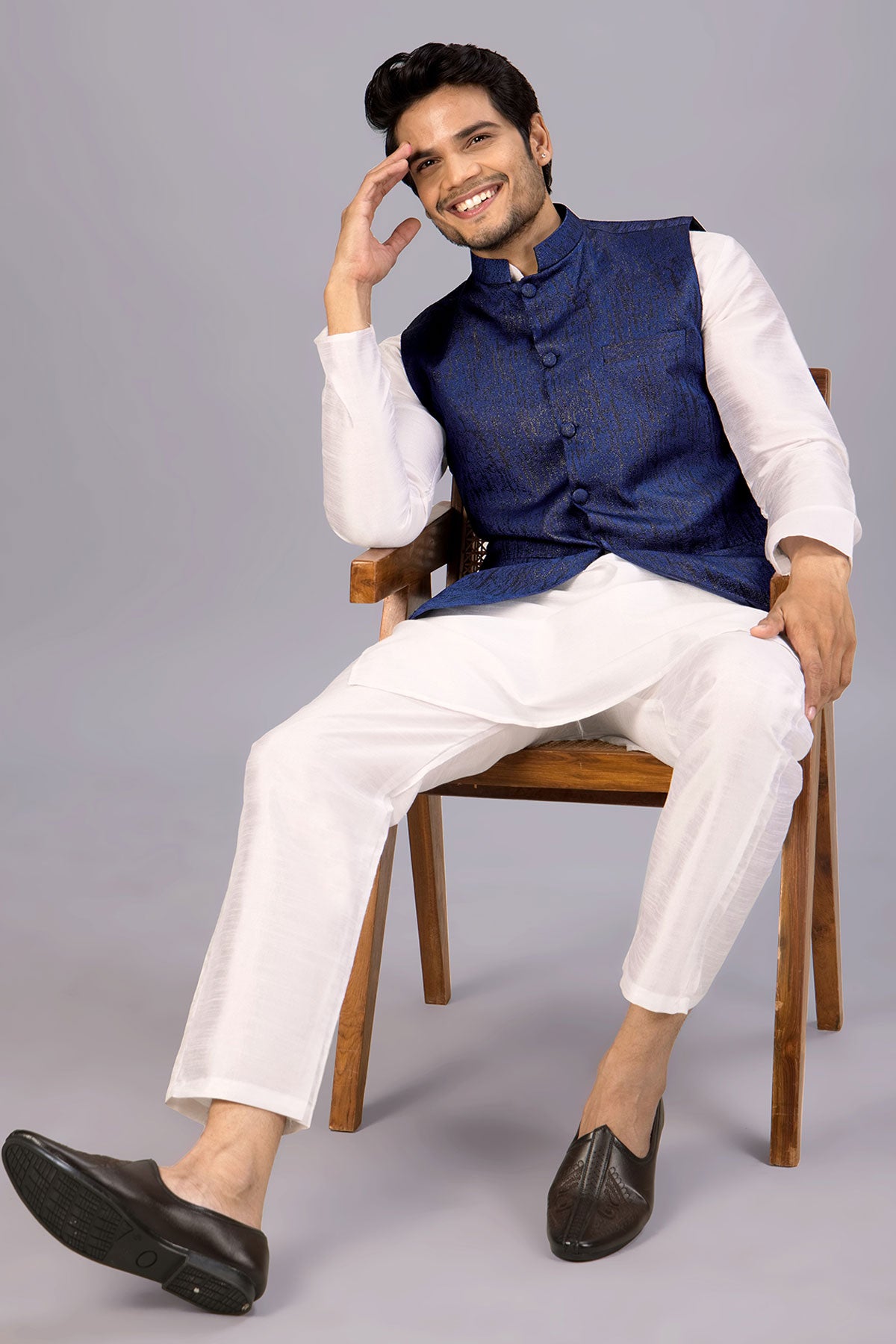 Blue Cotton jacquard Work Bundi