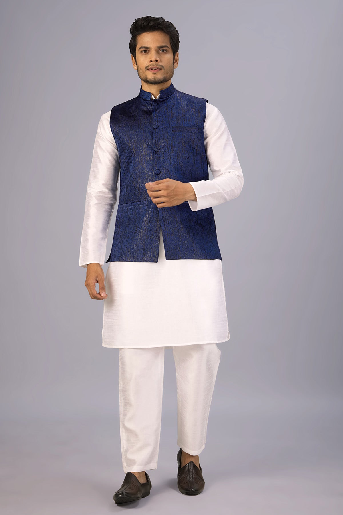 Blue Cotton jacquard Work Bundi