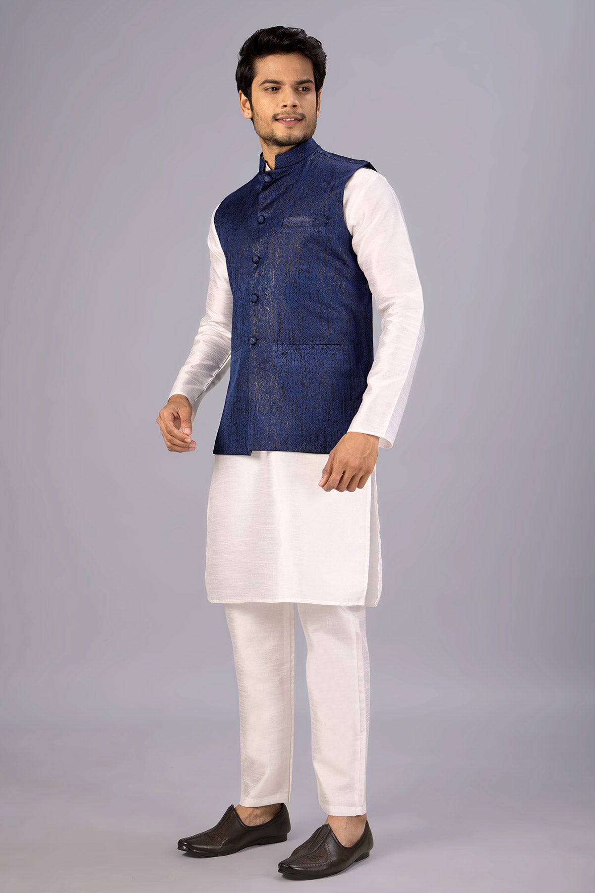 Blue Cotton jacquard Work Bundi