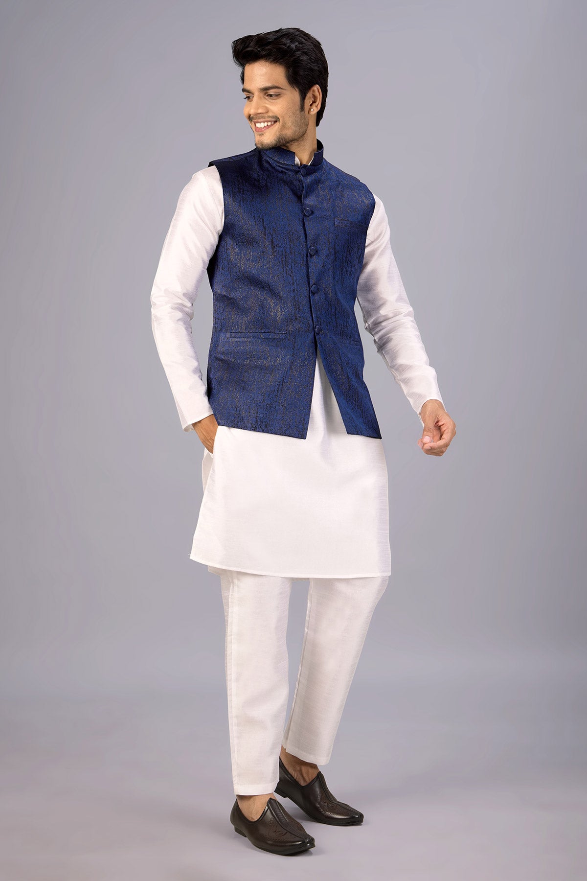 Buy Blue Cotton jacquard Work Bundi for men by Aastha Fashion online available at scrollnshops