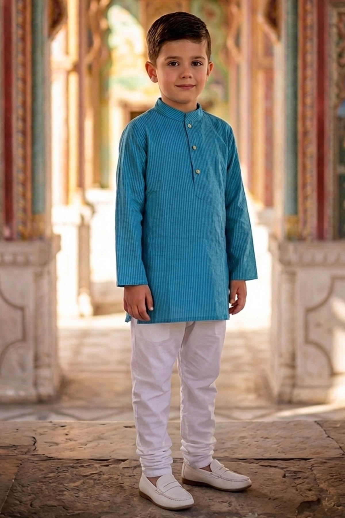 Buy Blue Cotton Kantha Kurta Set for Kid by ViYa online available at scrollnshops