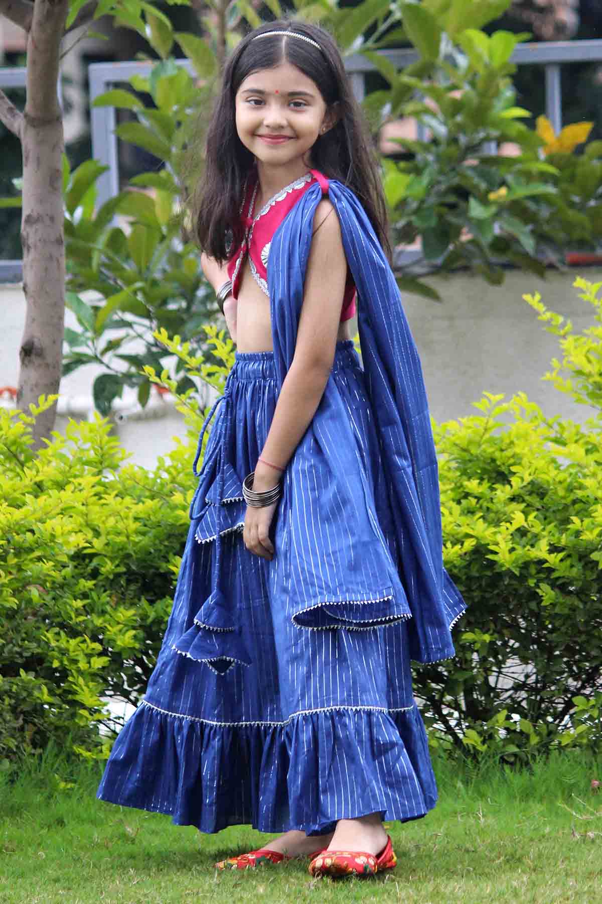 Blue Cotton Lace Lehenga Set