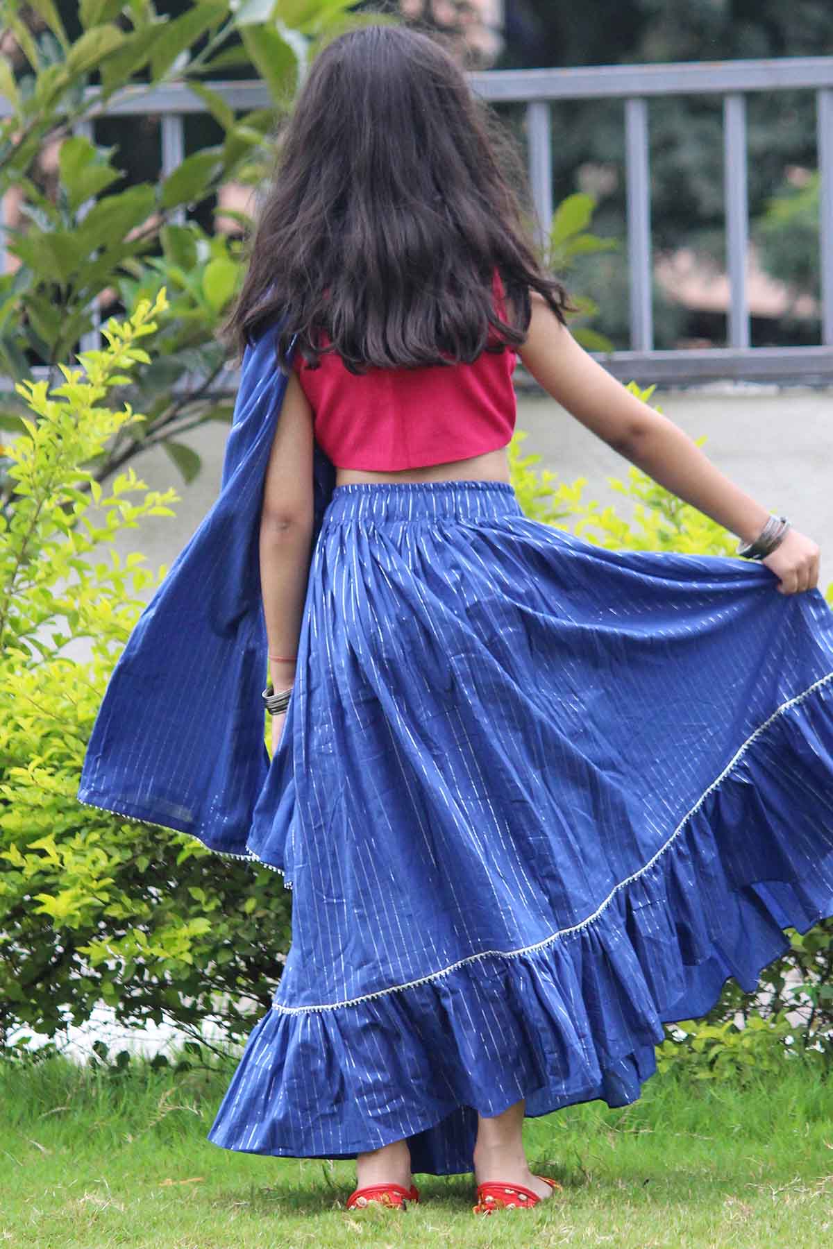 Blue Cotton Lace Lehenga Set