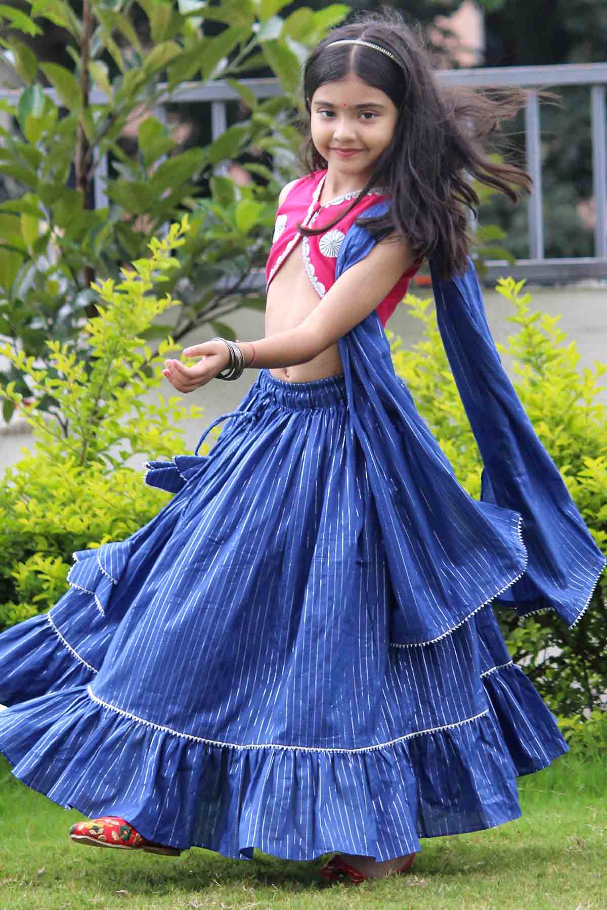 Blue Cotton Lace Lehenga Set