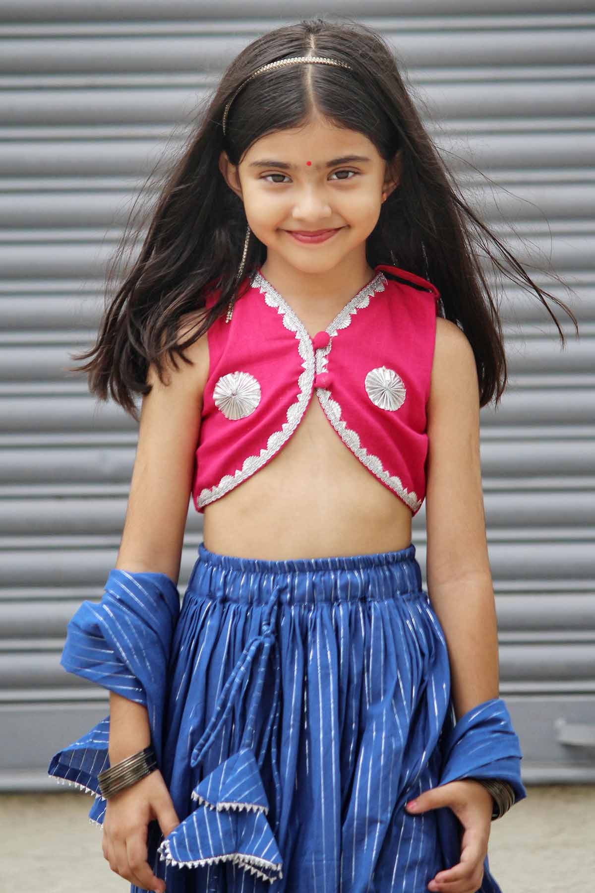 Blue Cotton Lace Lehenga Set