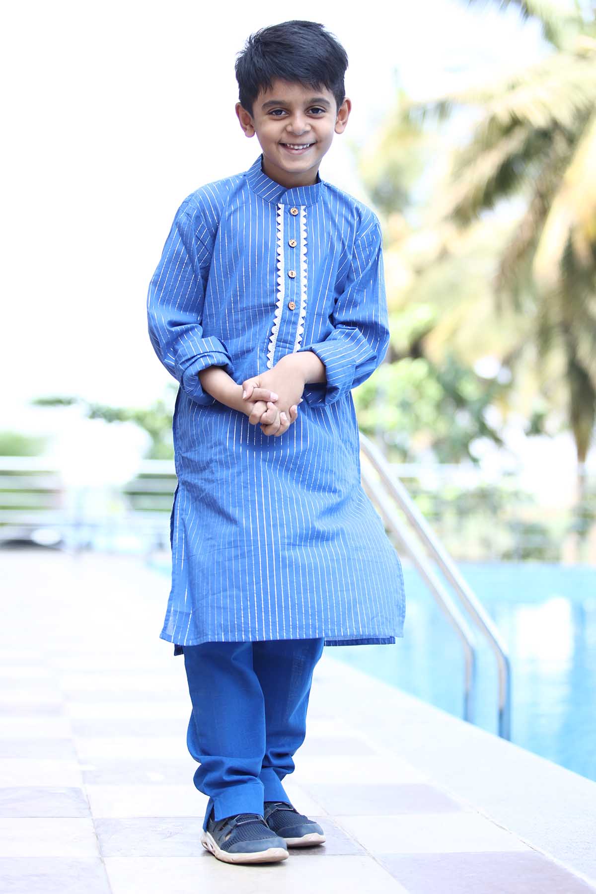 Mamma's Bear Blue Cotton Lace Work Kurta Set for kids online at ScrollnShops