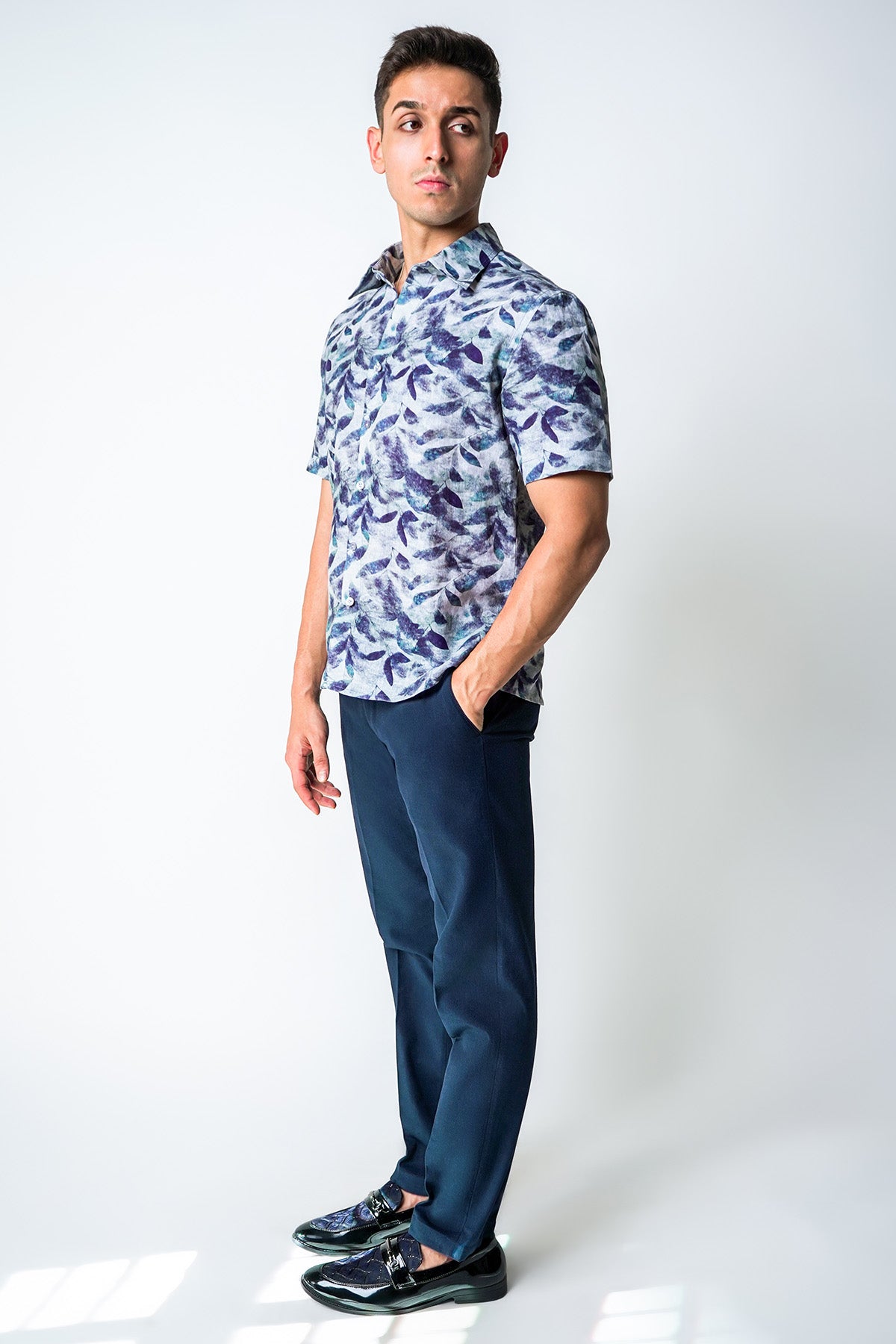 Blue Cotton Leaf Printed Shirt