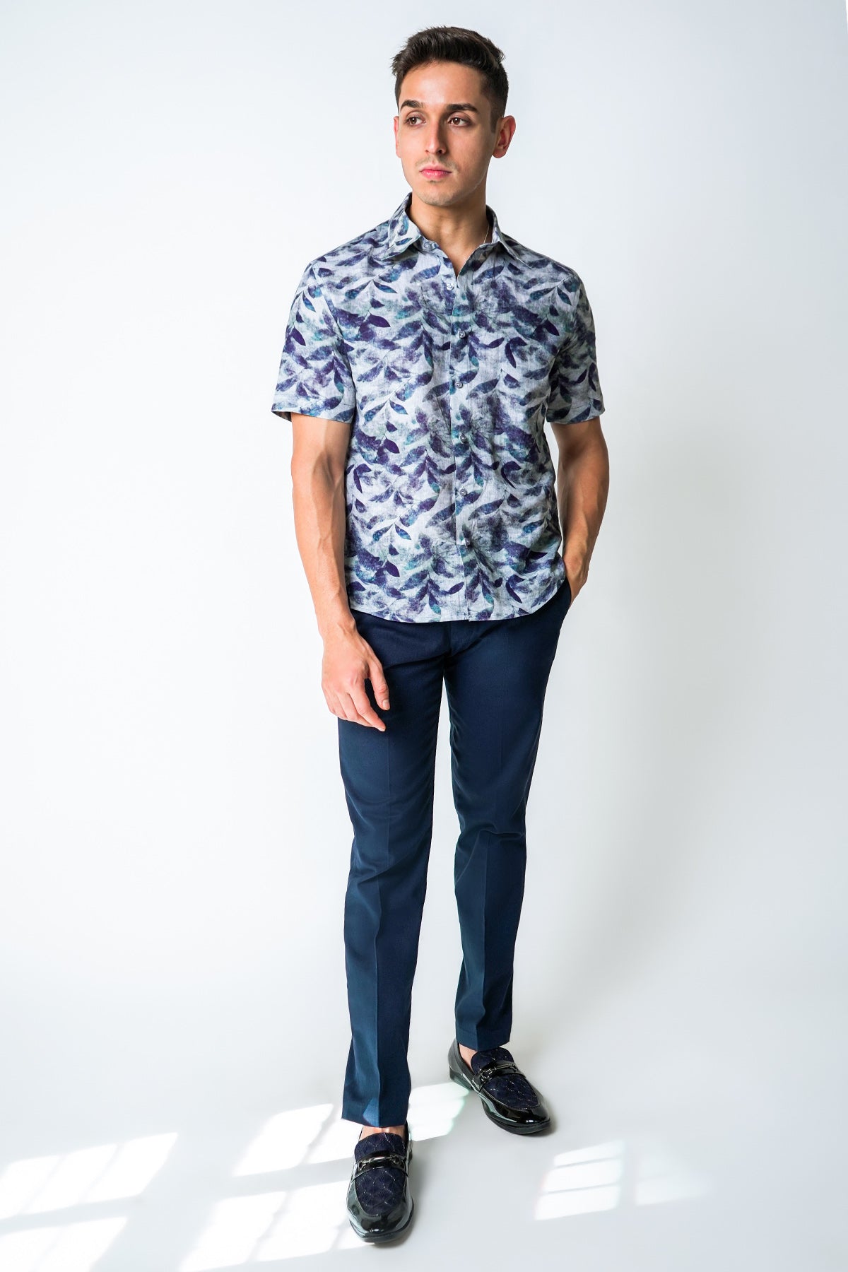 Blue Cotton Leaf Printed Shirt