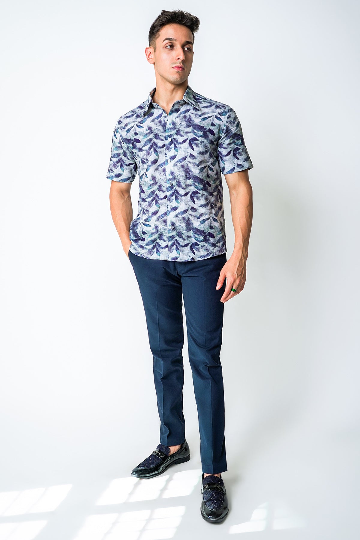 Blue Cotton Leaf Printed Shirt