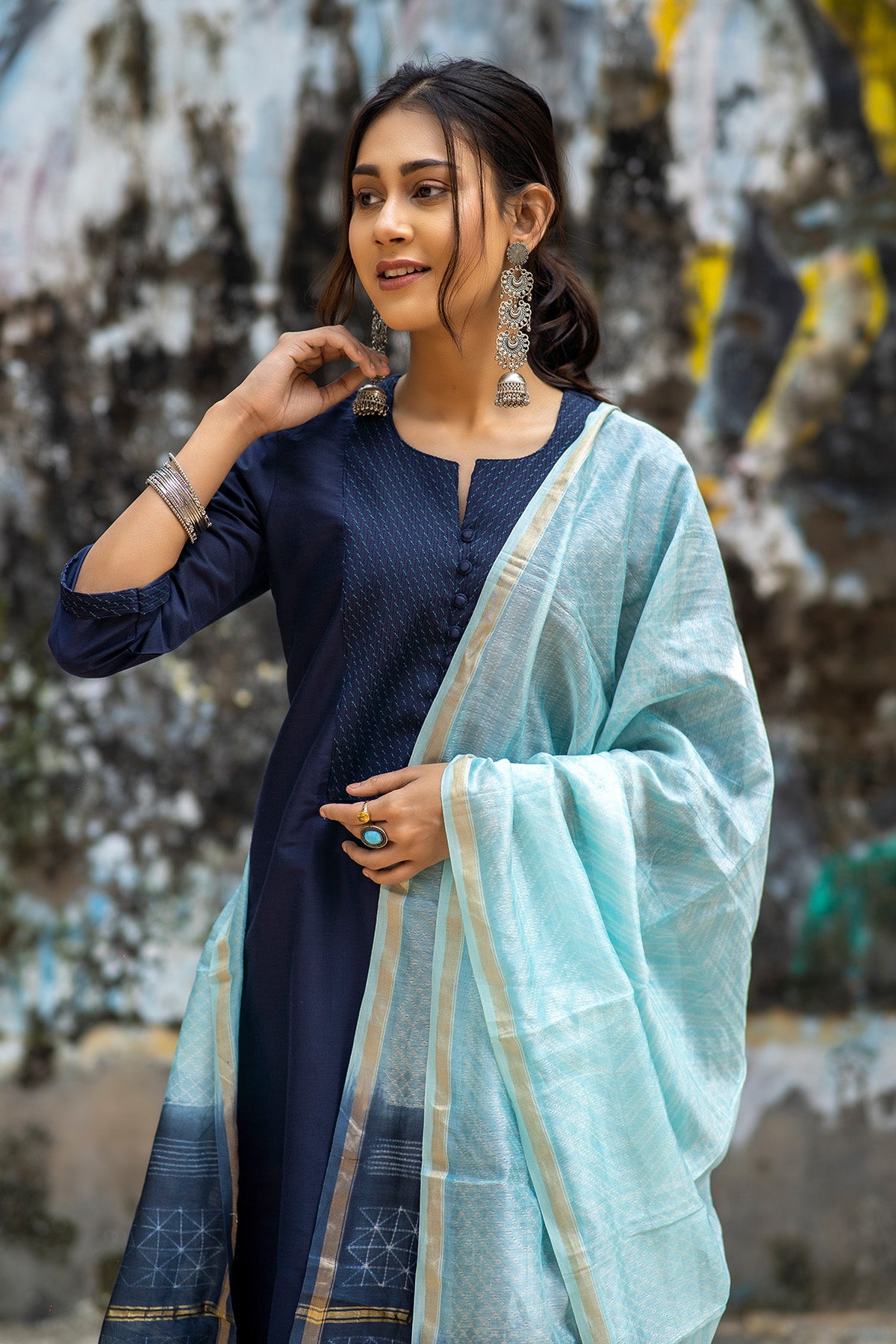 Blue Cotton Motifs Kurta Set