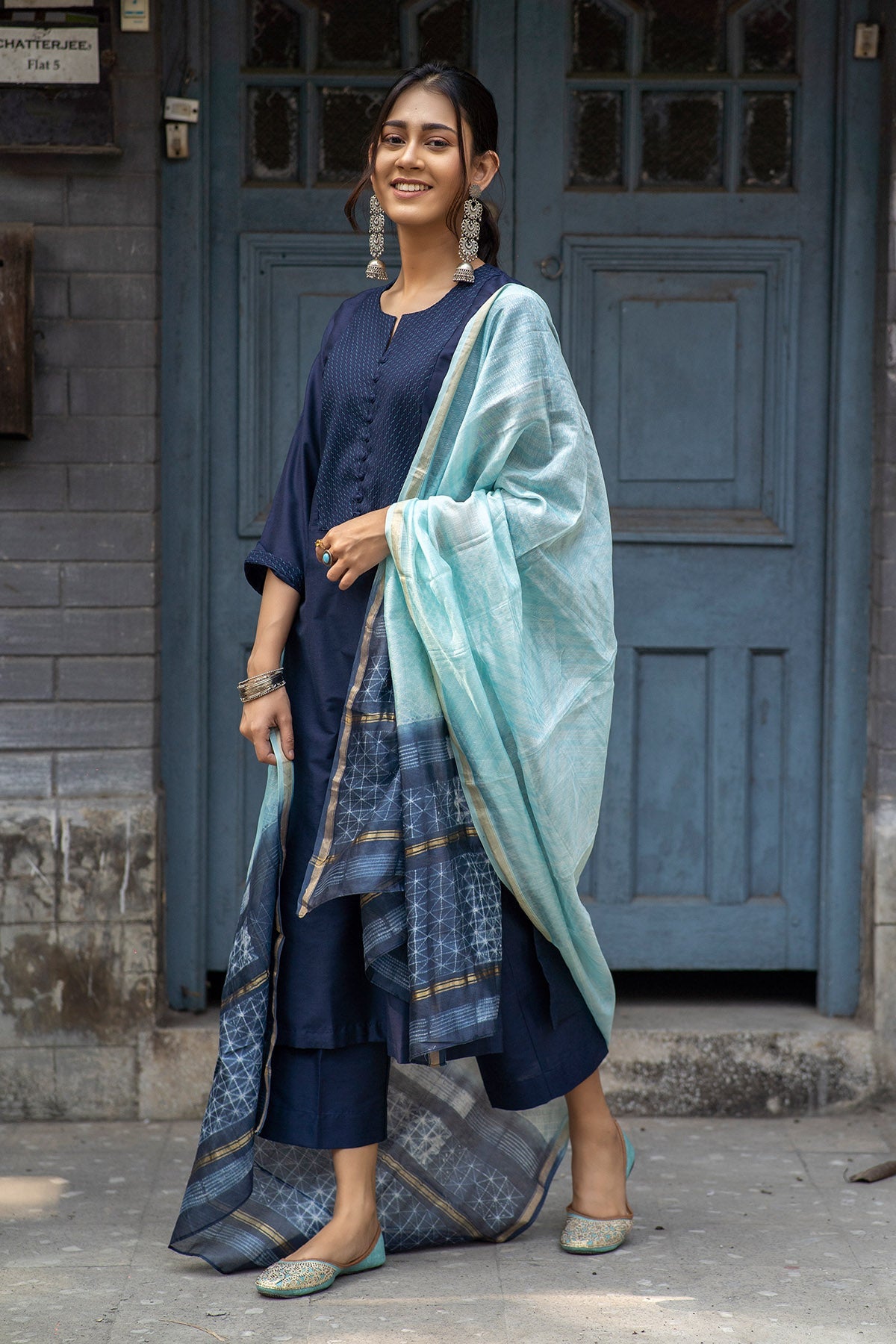 Buy Blue Cotton Motifs Kurta Set for women by The Hemming Bird online available at scrollnshops
