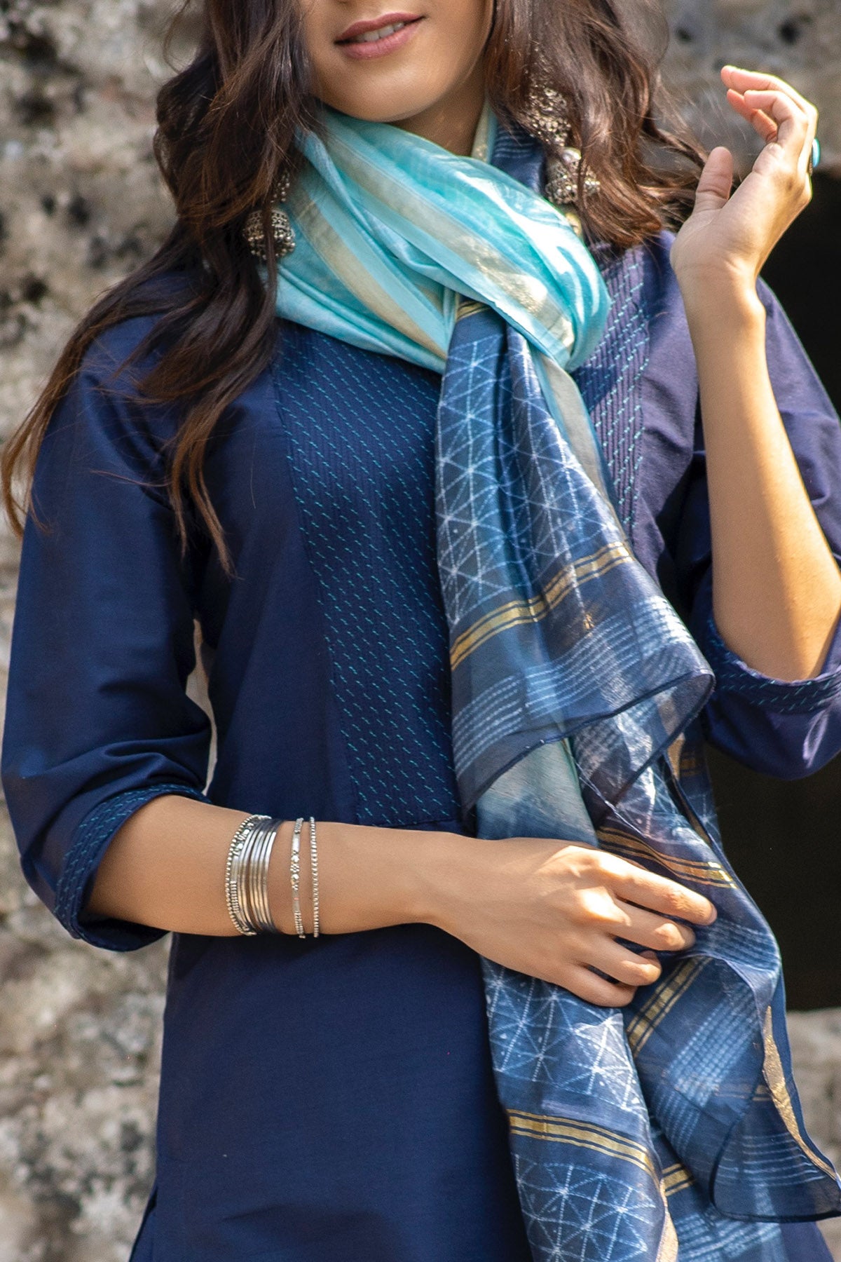 Blue Cotton Motifs Kurta Set