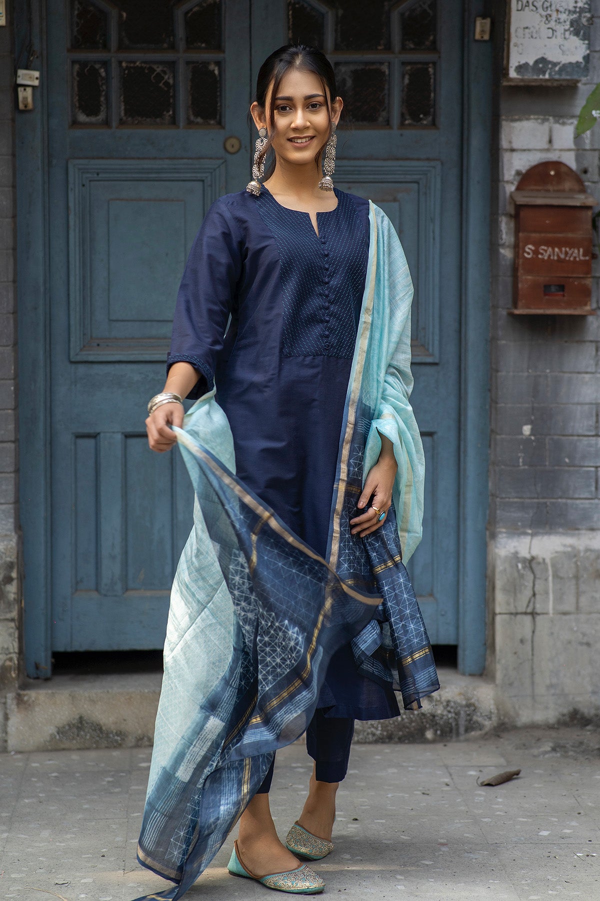 Blue Cotton Motifs Kurta Set