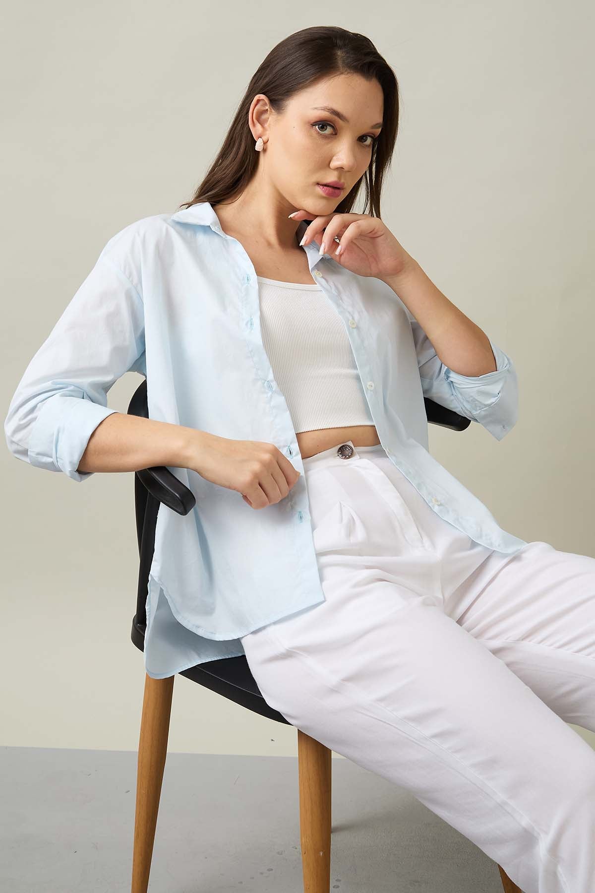 Buy Blue Cotton Poplin Button Shirt by 7teen12 for women online at ScrollnShops