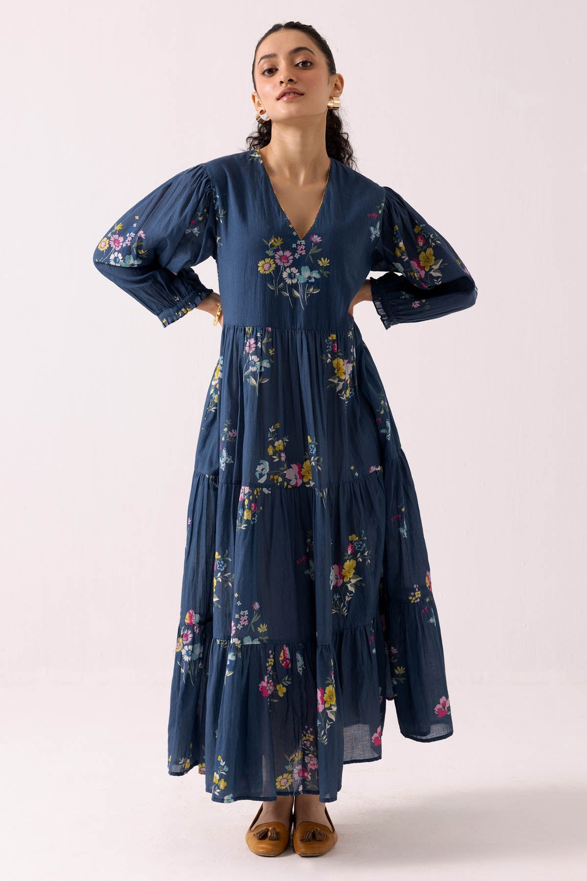 Label Shreya Sharma Blue Cotton Print Flared Dress for women online at ScrollnShops