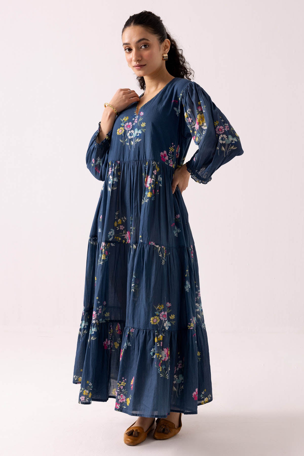 Blue Cotton Print Flared Dress