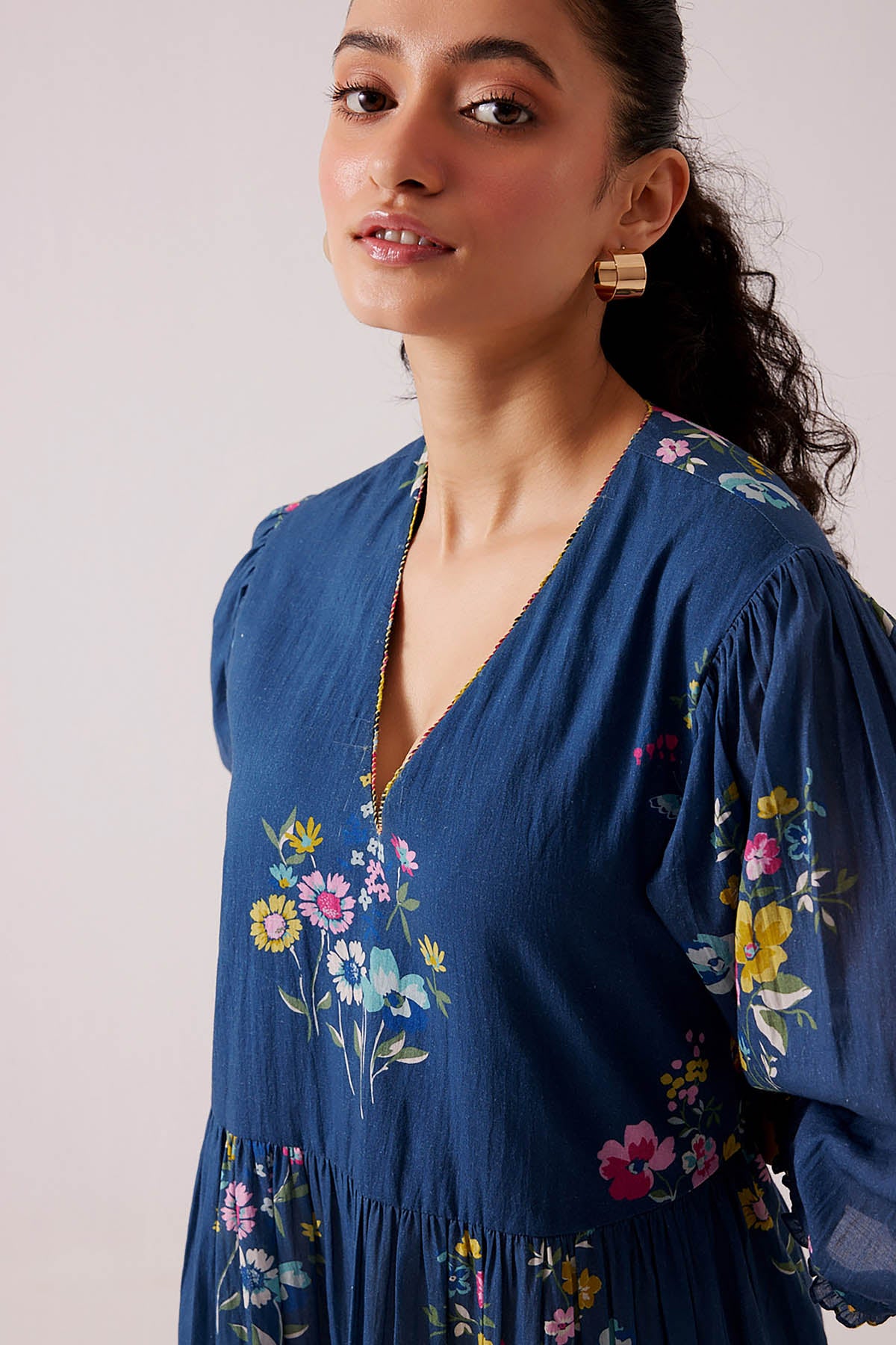 Blue Cotton Print Flared Dress