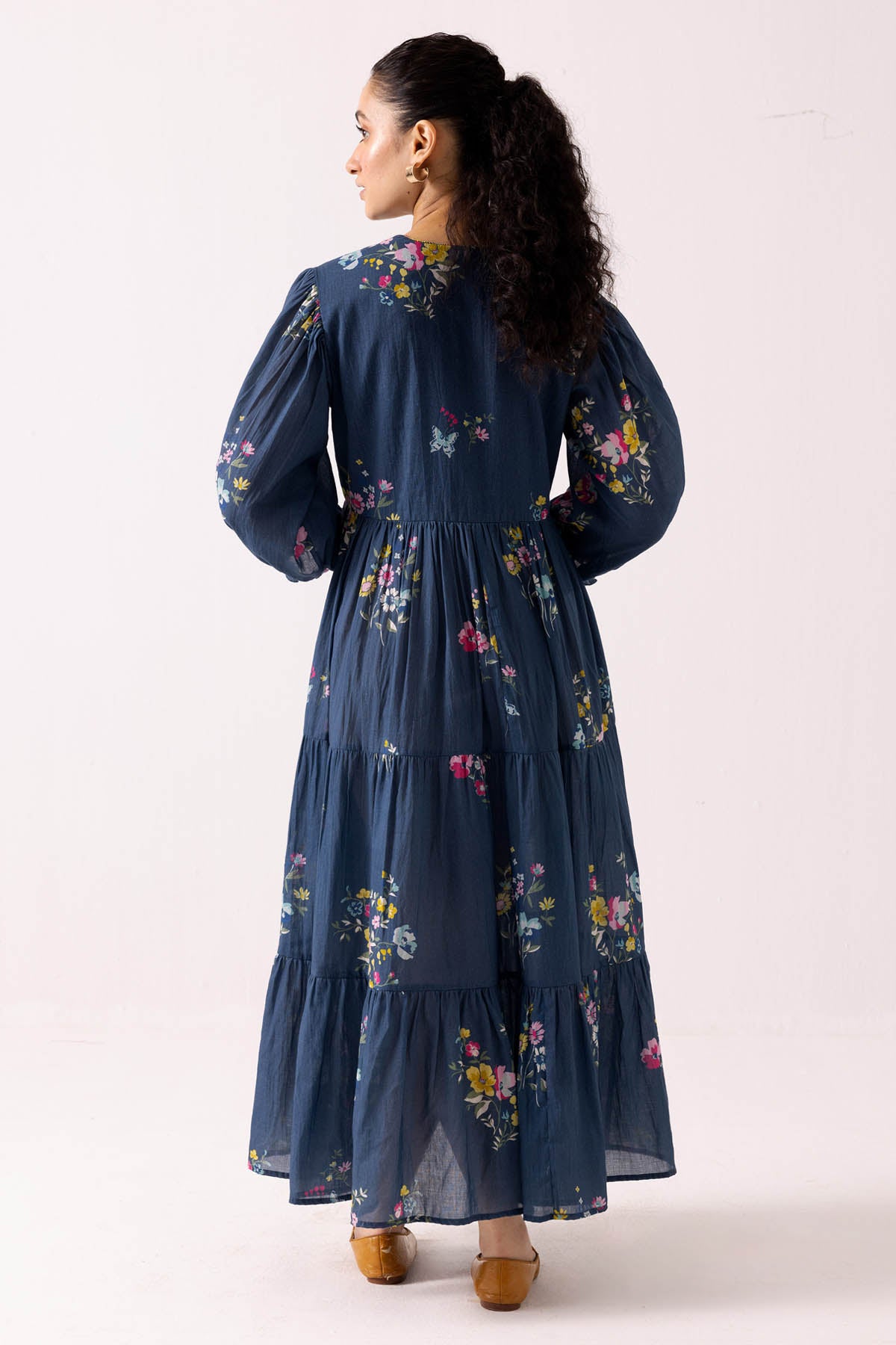 Blue Cotton Print Flared Dress