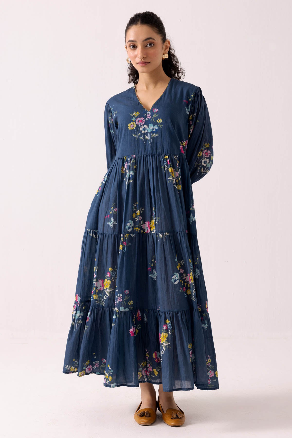 Buy Designer Blue Cotton Print Flared Dress Online at ScrollnShops