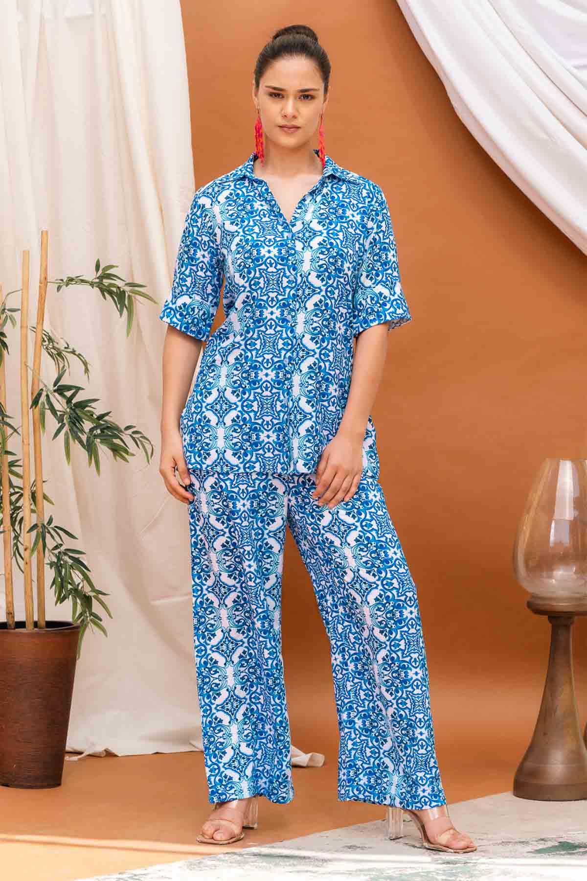 Svamsa Cotton Printed Blue Co-ord Set for women online at ScrollnShops