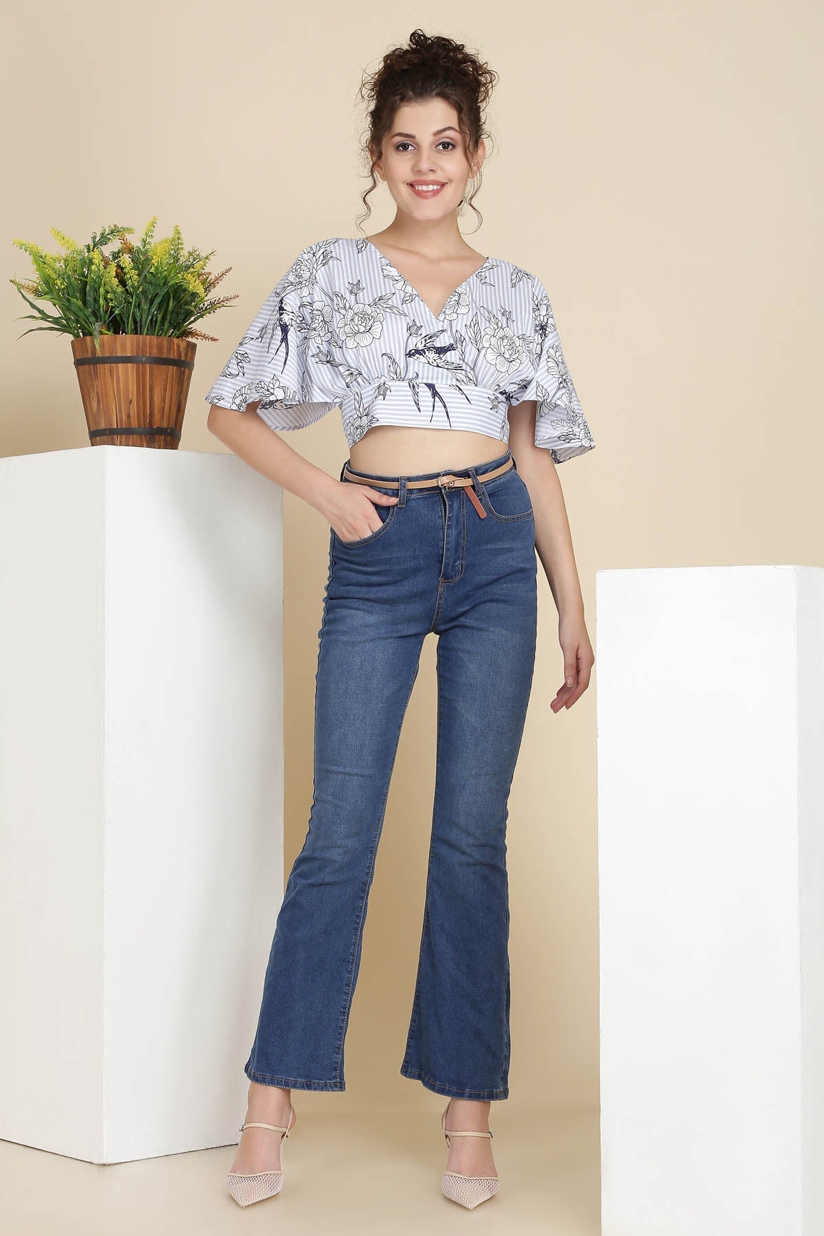 Buy Blue Cotton Printed Crop Top Online