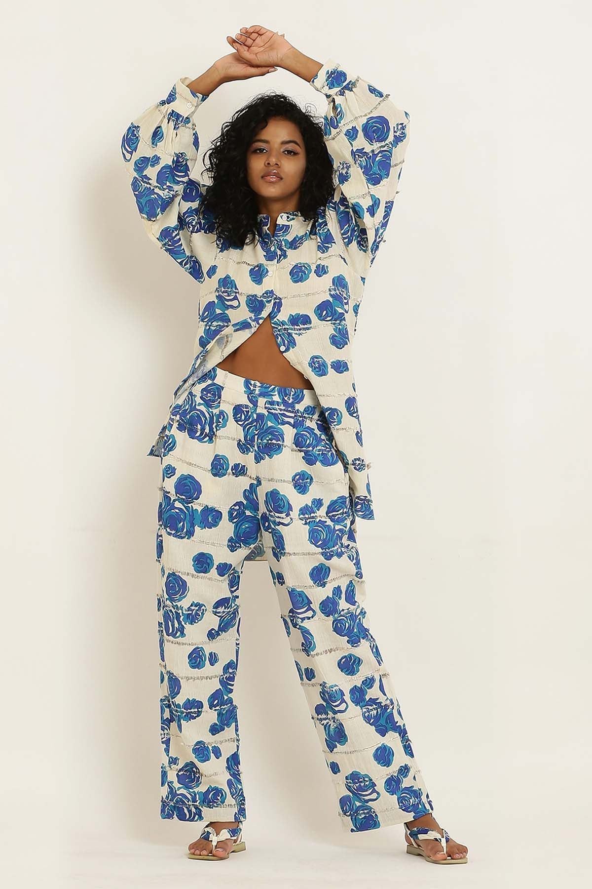 Designer Kusmi Blue Handwoven Cotton Rose Print Pants For Women at ScrollnShops