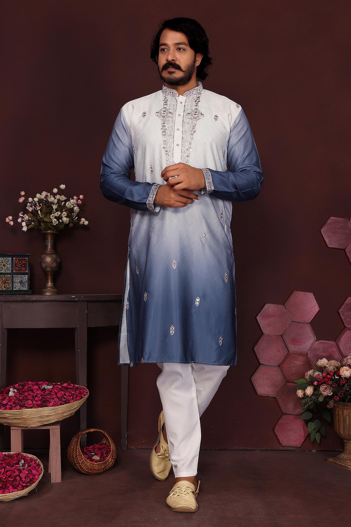 Buy Blue Cotton Sequin Kurta & Pant for men by Jyoti Fashion online available at scrollnshops