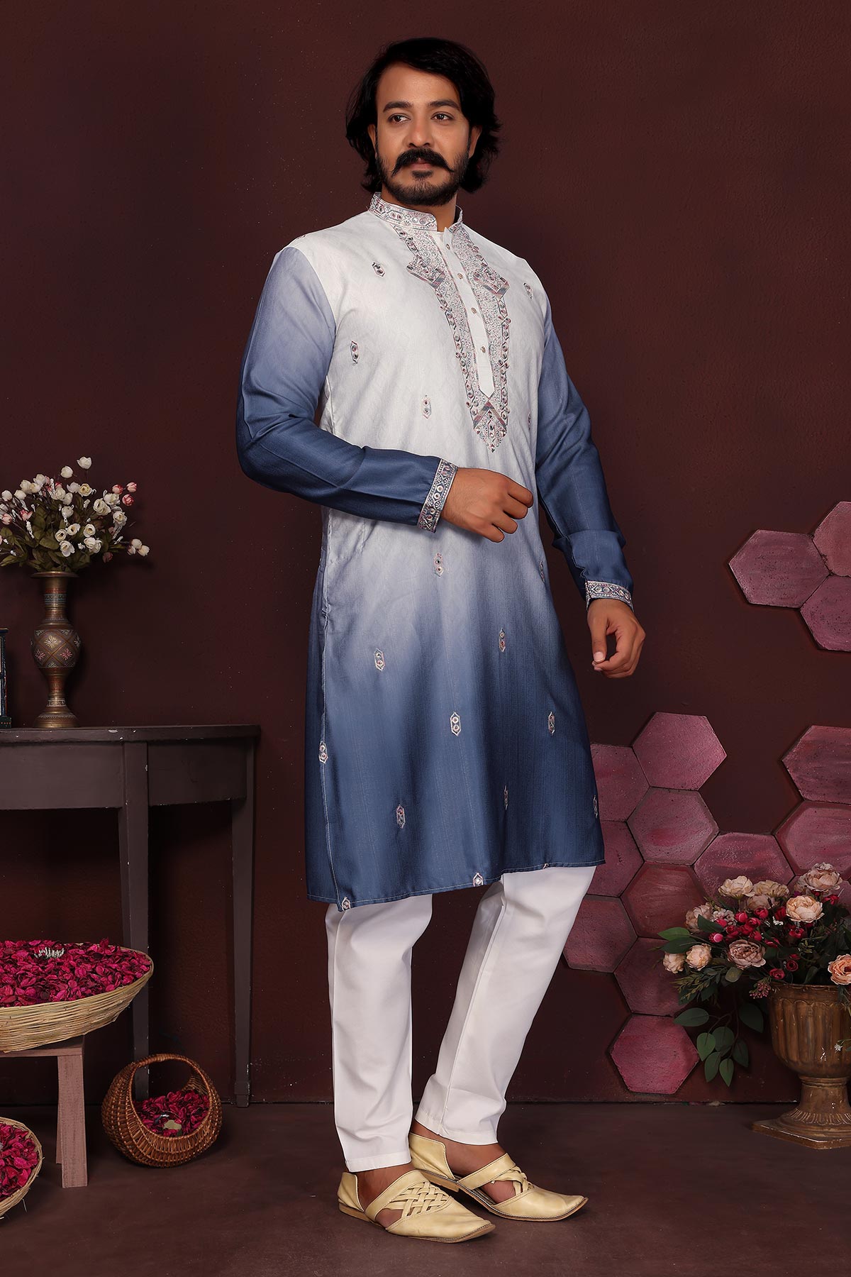 Blue Cotton Sequin Kurta & Pant
