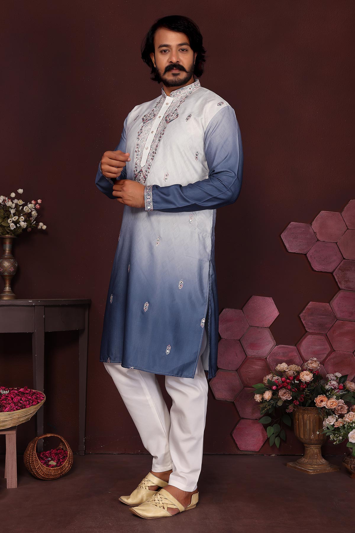 Blue Cotton Sequin Kurta & Pant