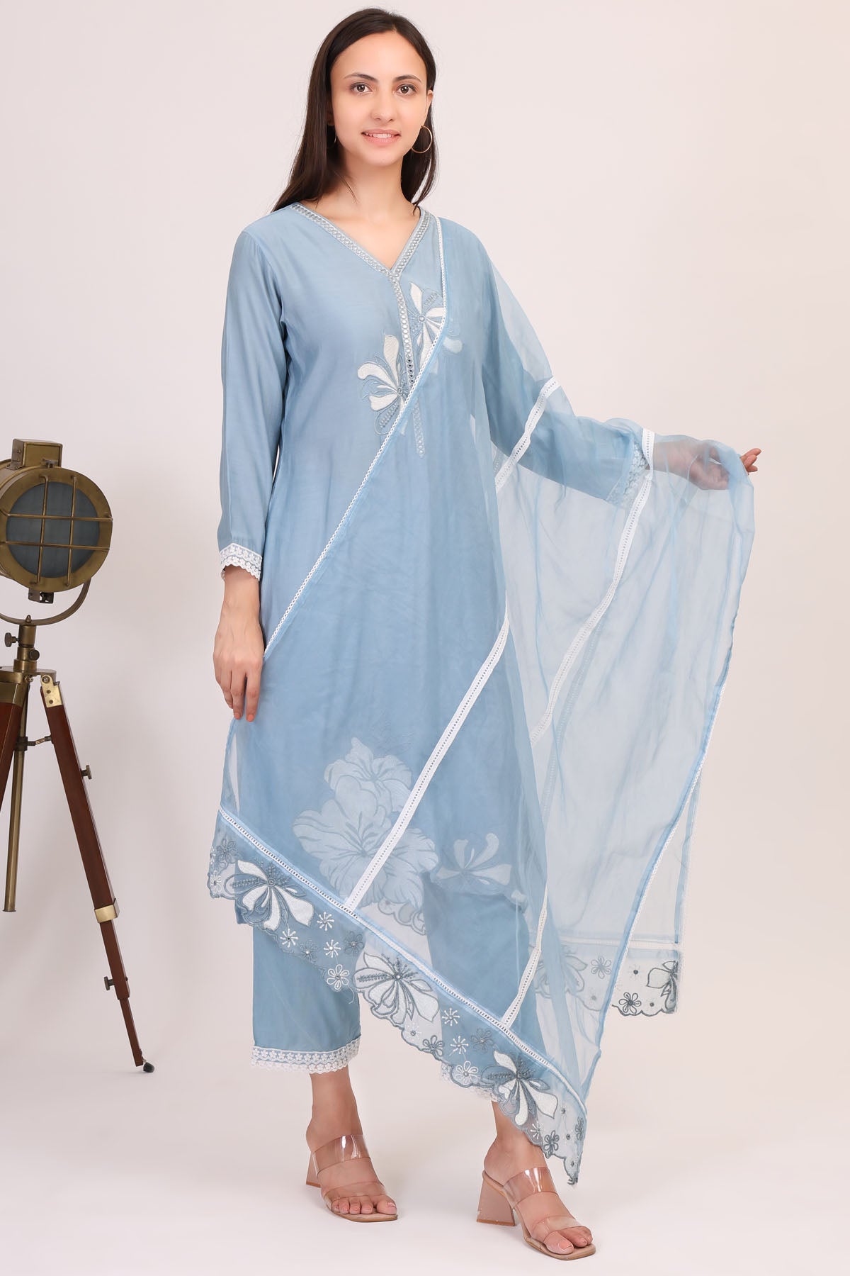 Blue Floral V-Neck Kurta Set