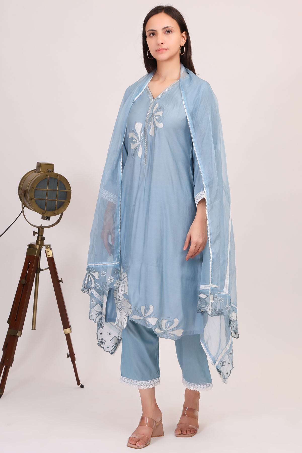 Blue Floral V-Neck Kurta Set