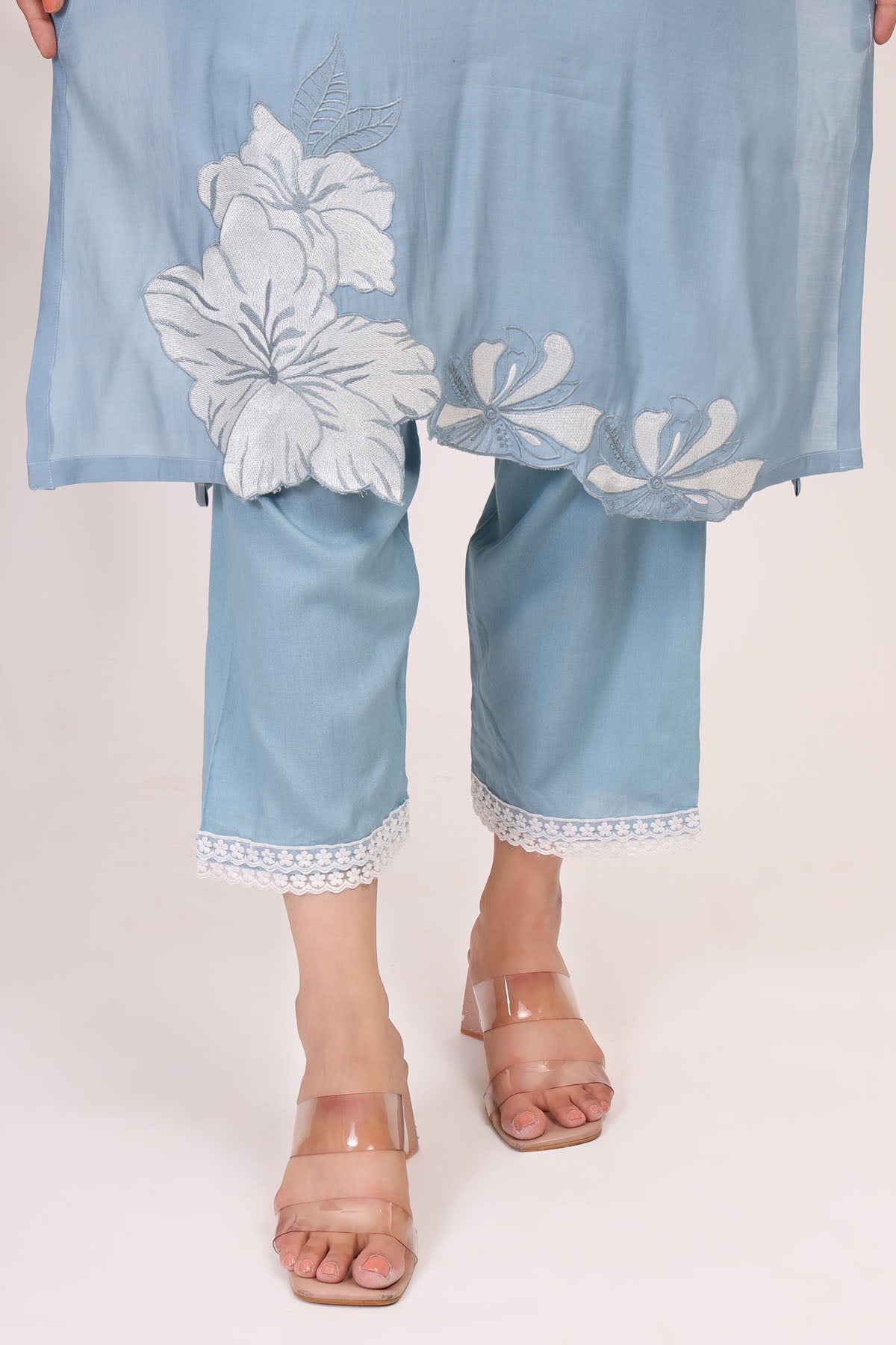 Blue Floral V-Neck Kurta Set