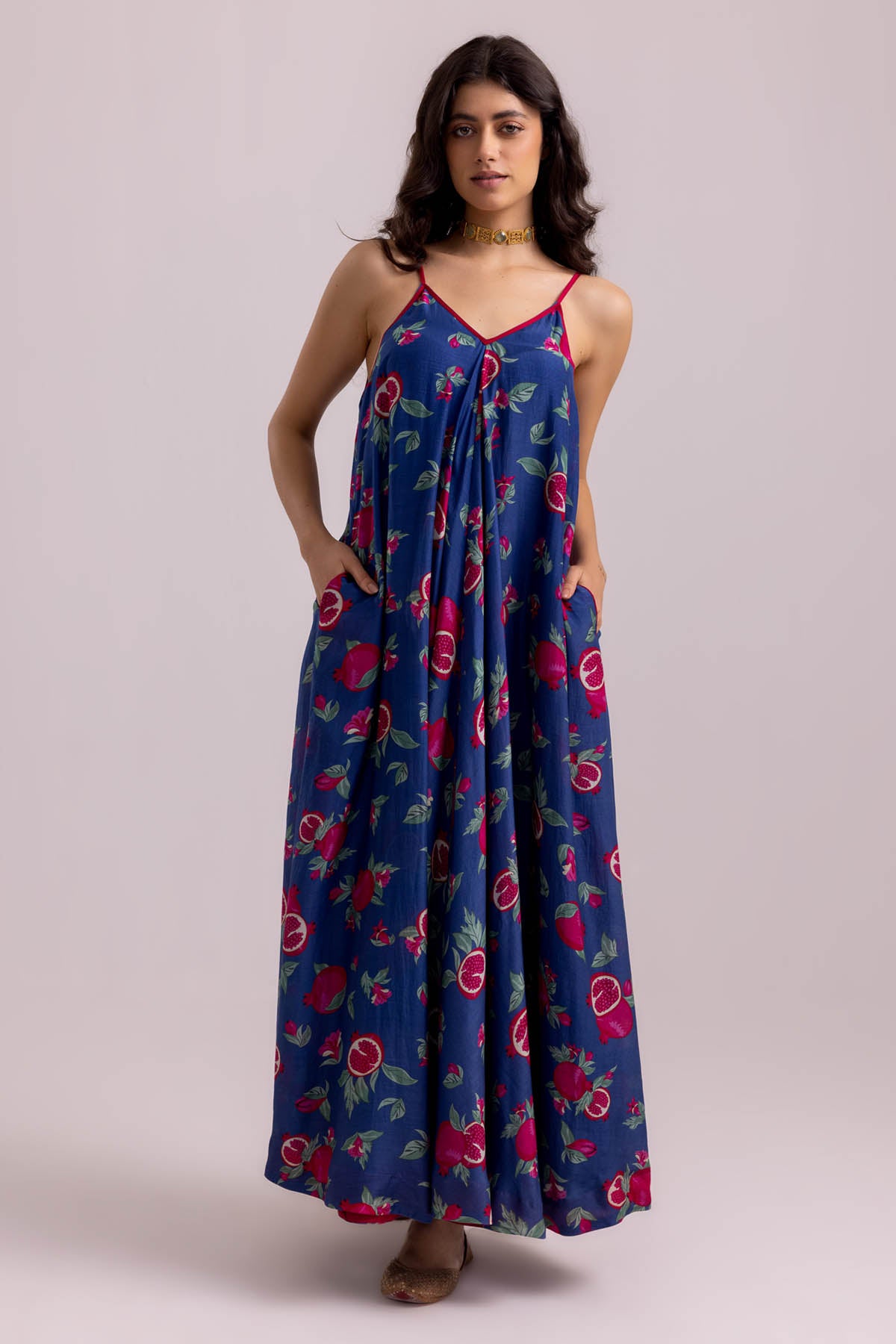Blue Cotton Silk Printed Dress