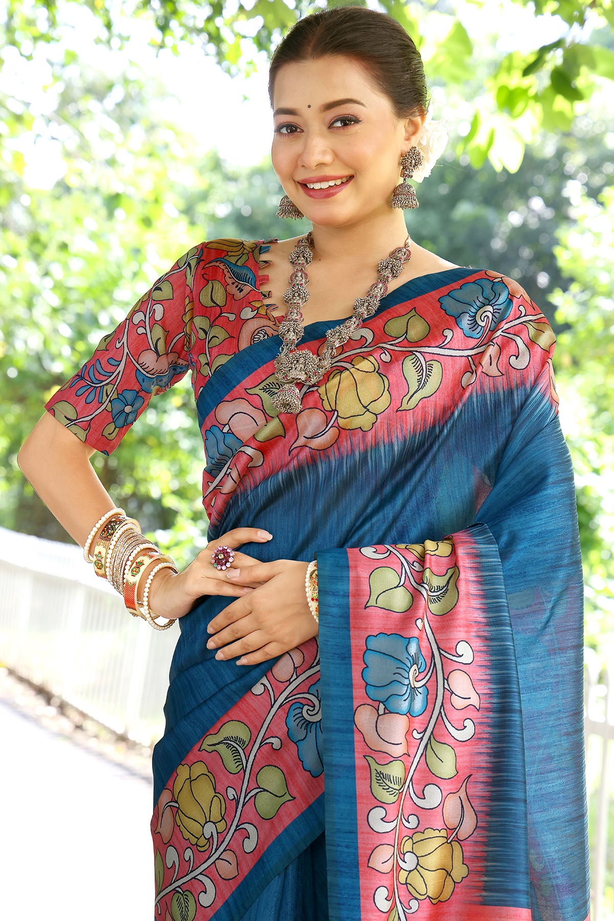 Blue Cotton Silk Printed Saree
