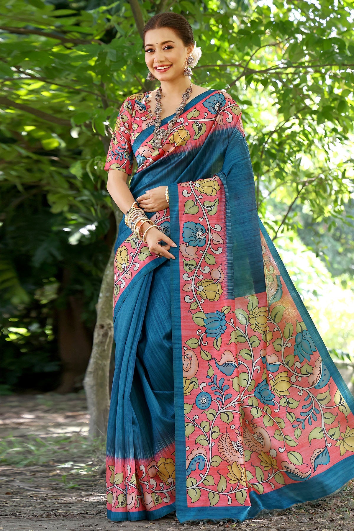 Buy Blue Cotton Silk Printed Saree by Lili Lala for women online at ScrollnShops