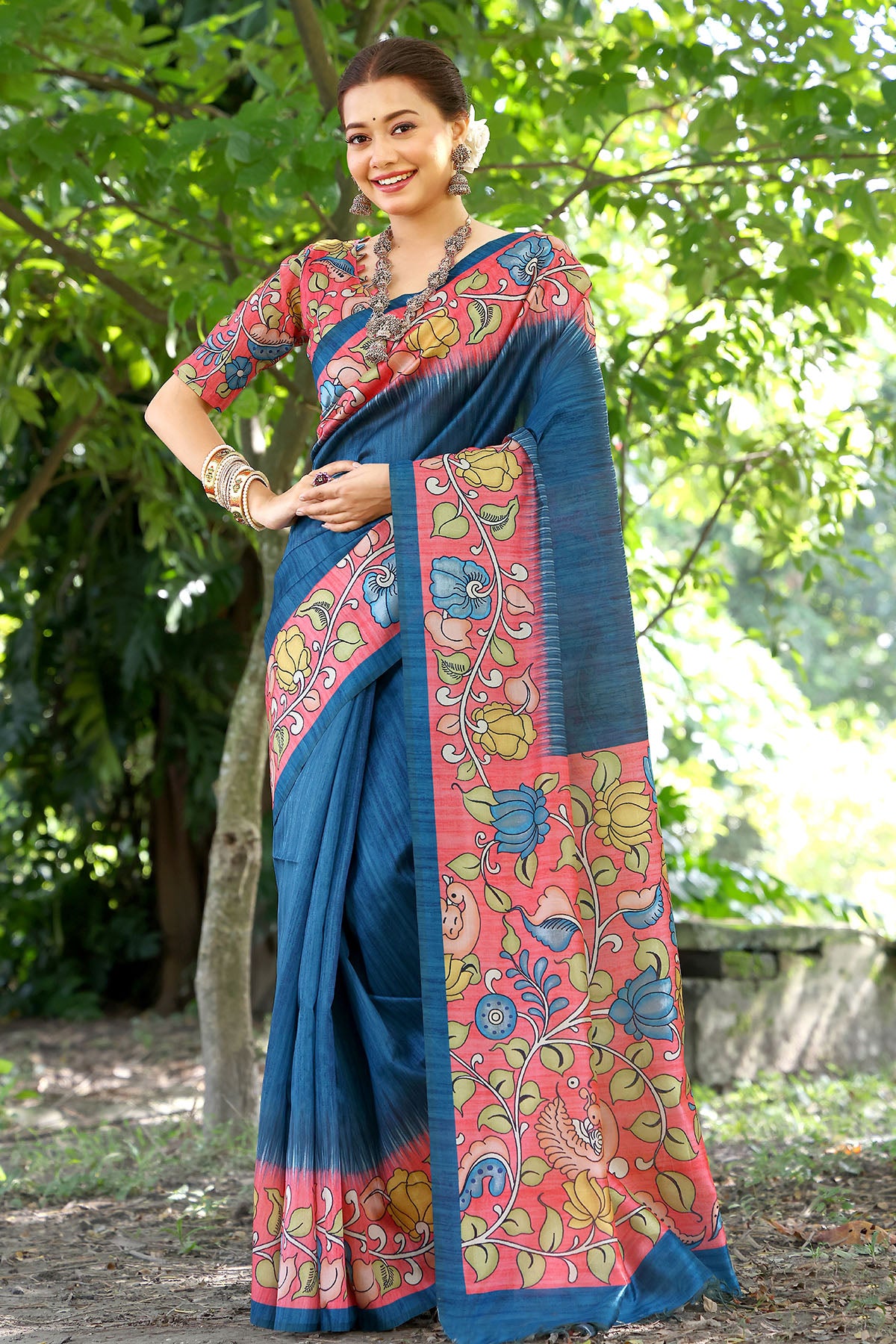 Blue Cotton Silk Printed Saree