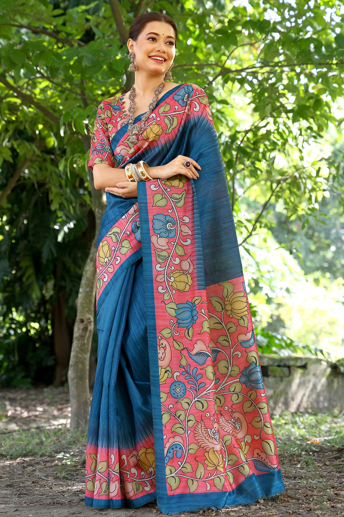 Blue Cotton Silk Printed Saree