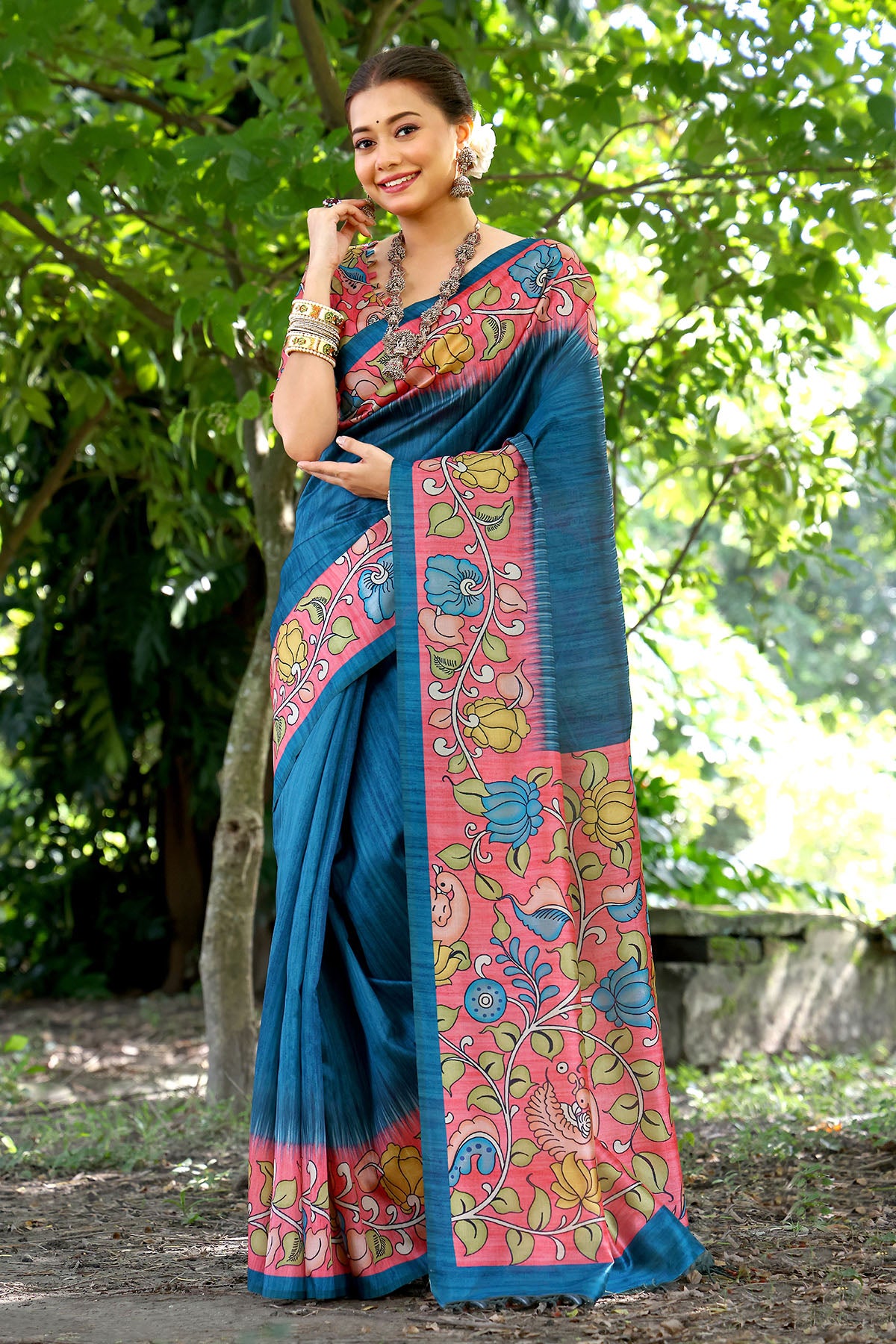 Blue Cotton Silk Printed Saree