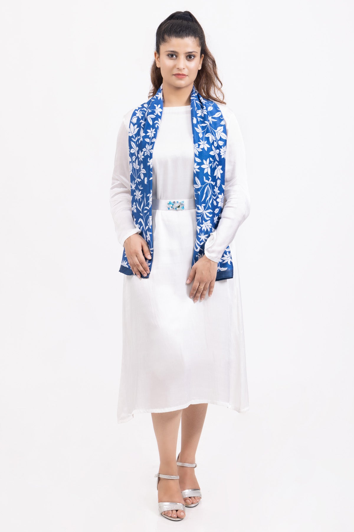 Blue Cotton Silk Printed Scarf